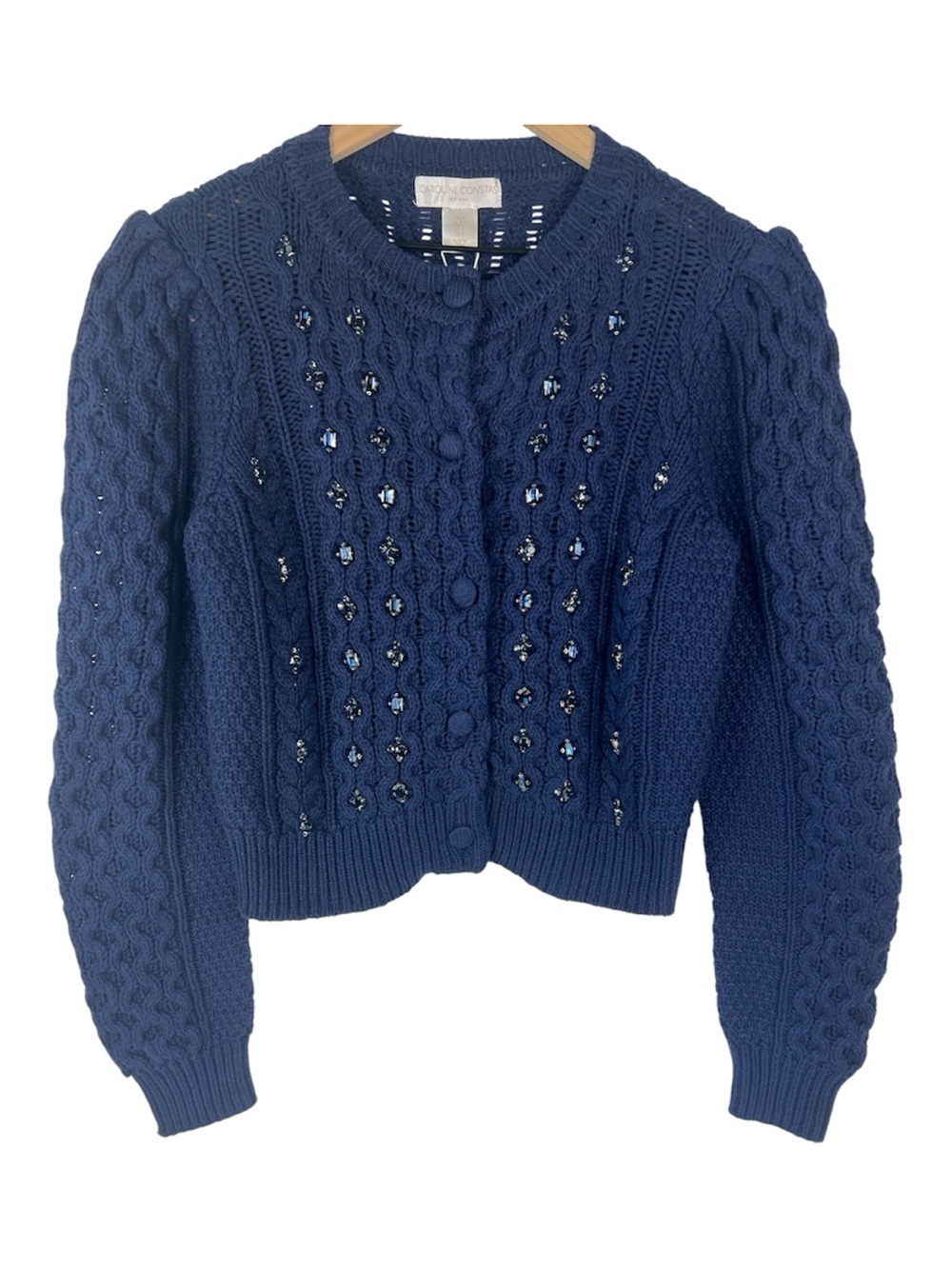 Caroline Constas Sz S Blue Cable Knit Rhiinestone Embellished Cardigan NWT